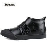 New Italy Designer Genuine Leather Men Ankle Shoes Autumn Winter Warm High-top Stamping Pattern Lace-up Man Black Punk Shoes