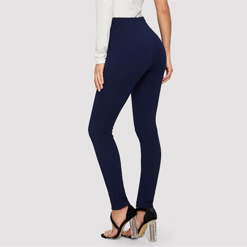 Ladies Summer & Spring Work Wearing Elegant Elastic Side Pocket Solid Skinny Pant