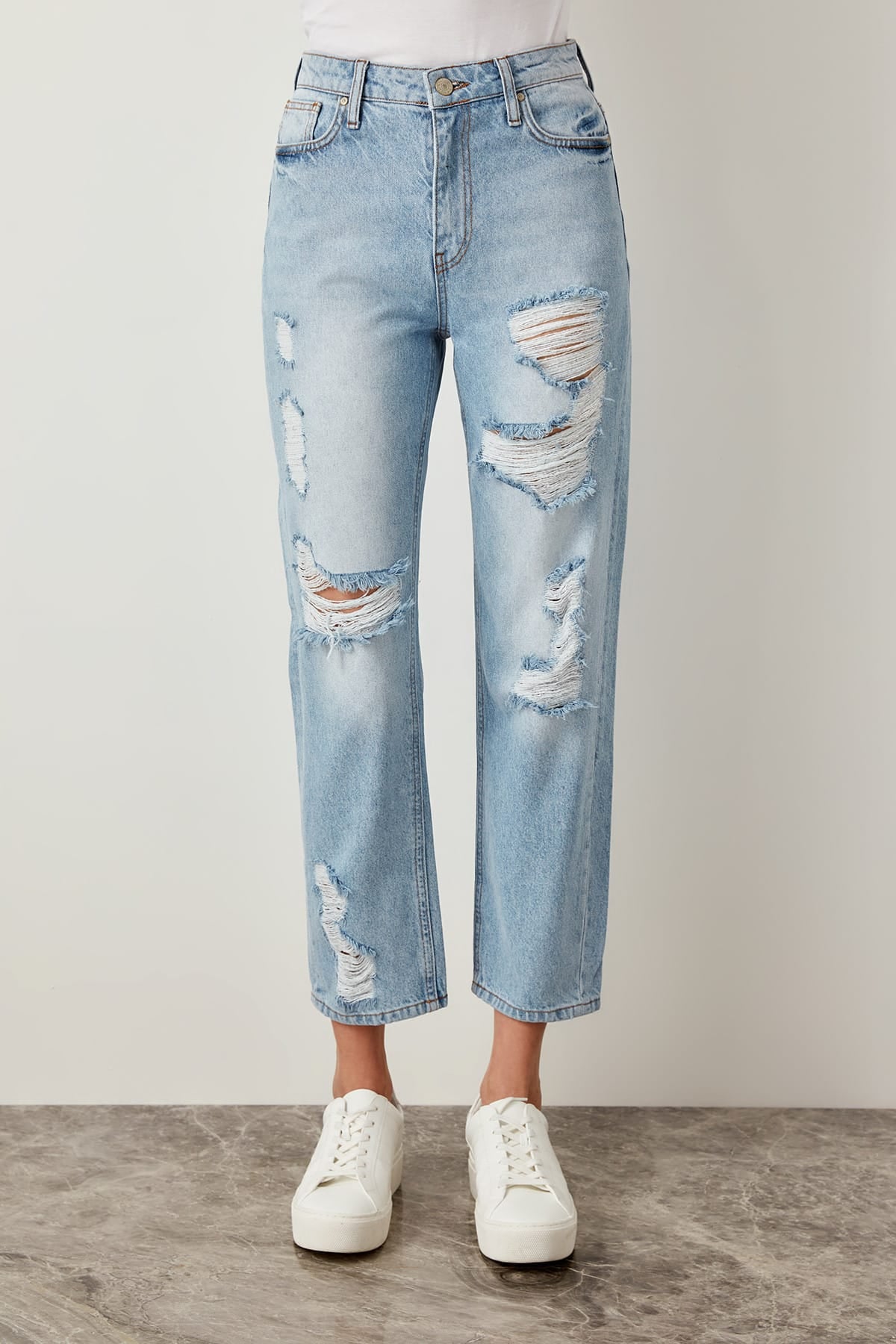 Straight High Waist Ripped Blue Jeans