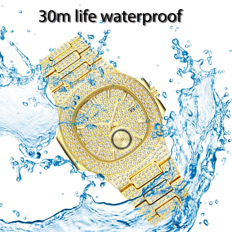 Waterproof Stainless Still Zircon Made Luxury 18K Gold Watch