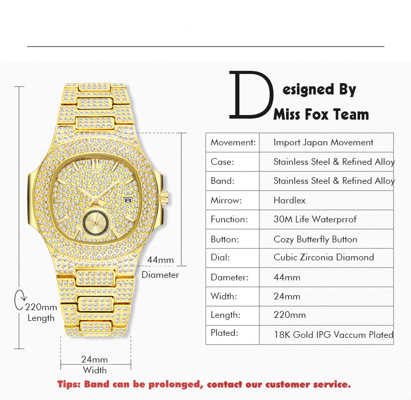 Waterproof Stainless Still Zircon Made Luxury 18K Gold Watch