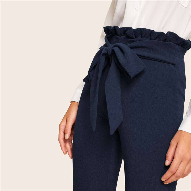 Ladies Solid Skinny Paperbag High Waist Pants Belt