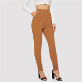 Mid Waist Classic Waist Long Capri Pant Trouser Brown