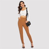 Mid Waist Classic Waist Long Capri Pant Trouser Brown