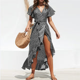 Ruffle Wrap Causal Liliy Floral Boho Style Tye Dye Maxi Dress