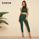 Insert Halterneck Grid Crop Fitted Top and Leggings Set Women Summer Outing Style