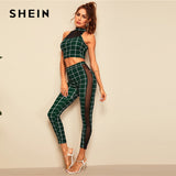 Insert Halterneck Grid Crop Fitted Top and Leggings Set Women Summer Outing Style