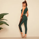 Insert Halterneck Grid Crop Fitted Top and Leggings Set Women Summer Outing Style