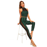 Insert Halterneck Grid Crop Fitted Top and Leggings Set Women Summer Outing Style