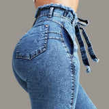 Bodycon Ladies High Waist Denim Jeans With Belt Bandage
