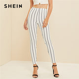 The Basic  Style White High Waist Striped Crop Leggings Women Spring Summer Fall 2019 Work wear