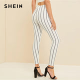 The Basic  Style White High Waist Striped Crop Leggings Women Spring Summer Fall 2019 Work wear