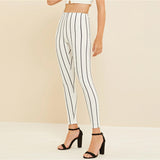 The Basic  Style White High Waist Striped Crop Leggings Women Spring Summer Fall 2019 Work wear