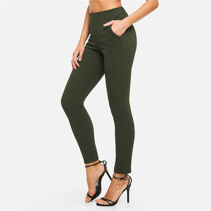 Army Green Elastic High Waist Solid Textured Elegant Pants For Outwear