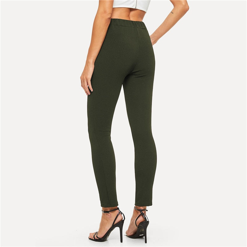 Army Green Elastic High Waist Solid Textured Elegant Pants For Outwear