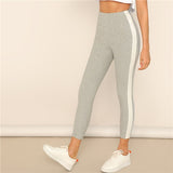 High Waist Sporting Stretchy Workout Leggings Grey Contrast With Side Seam Crop Leggings