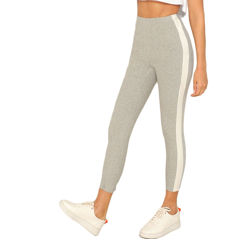 High Waist Sporting Stretchy Workout Leggings Grey Contrast With Side Seam Crop Leggings