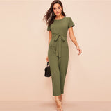 Full Length With High Quality Cotton Army Green Women Full Set Belted Jumpsuit With Zip Front Pocket