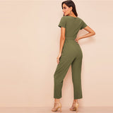 Full Length With High Quality Cotton Army Green Women Full Set Belted Jumpsuit With Zip Front Pocket