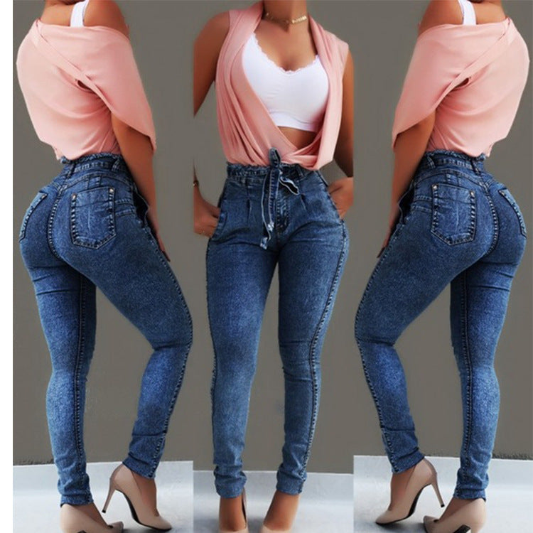 Bodycon Ladies High Waist Denim Jeans With Belt Bandage