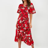 Women Summer Ruffle Dress With Red & White Mixed Color