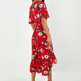 Women Summer Ruffle Dress With Red & White Mixed Color