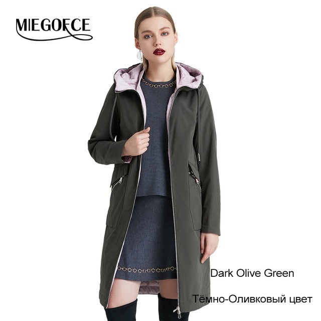 MIEOGOFCE 2019 Spring and Autumn Long Women's Windbreaker Warm Women's Cotton Jacket With Stand Collar New Design