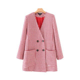 V Neck Elegant Plaid Long Sleeve Female Outwear Coat