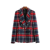 Ladies Long Sleeve Plaid Pattern Blazer With Button