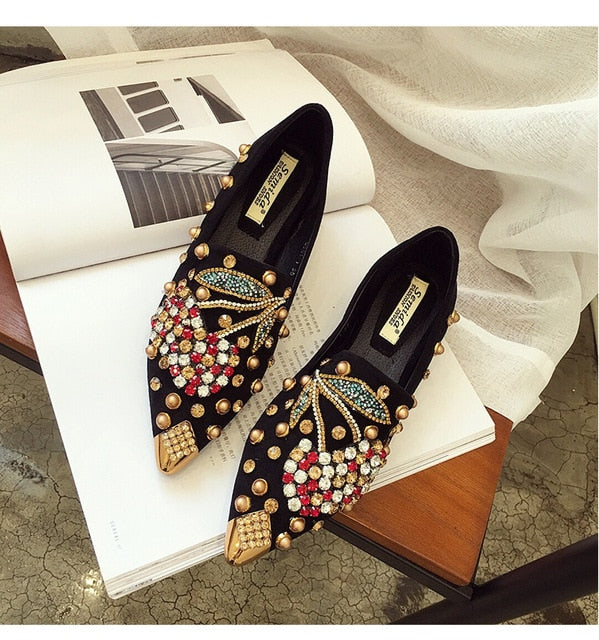 Rainstone Cherry Spring To Winter Casual And High Street Wear Flat Loafer Women Shoe