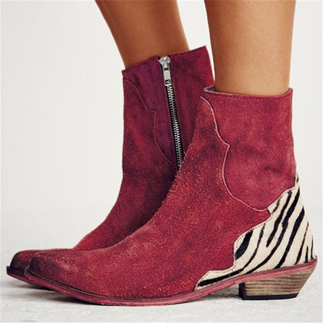 Flock Square Zebra Pattern Ankle Winter Ankle Boot With Zipping